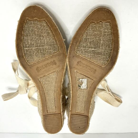 Soludos Tan White Stripe Ankle Wrap Espadrille Wedge Heels 10 - Picture 8 of 8